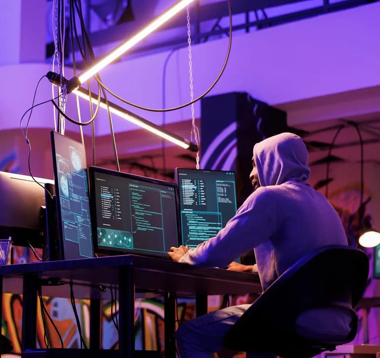 A computer hacker sitting by a table and viewing 3 computer screens