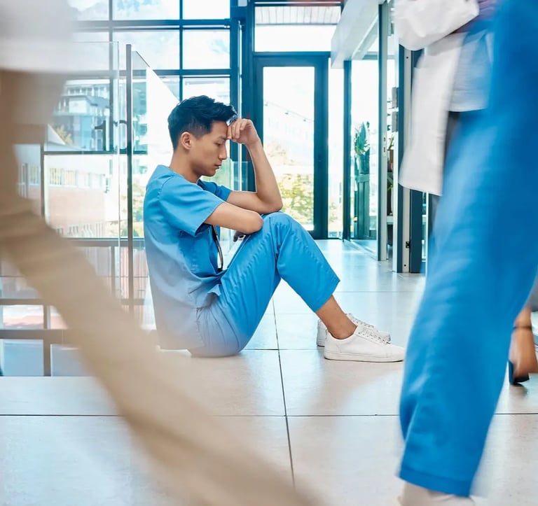 An exhausted nurse in blue clothing sitting on the floor thinking