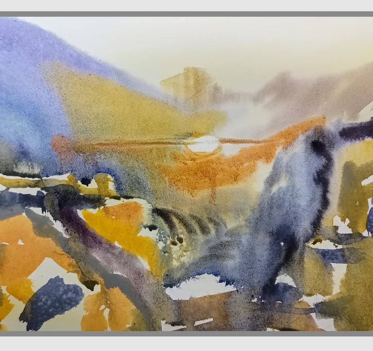 Abstract painting of a mountain lake landscape with blue, yellow, and orange brushstrokes.