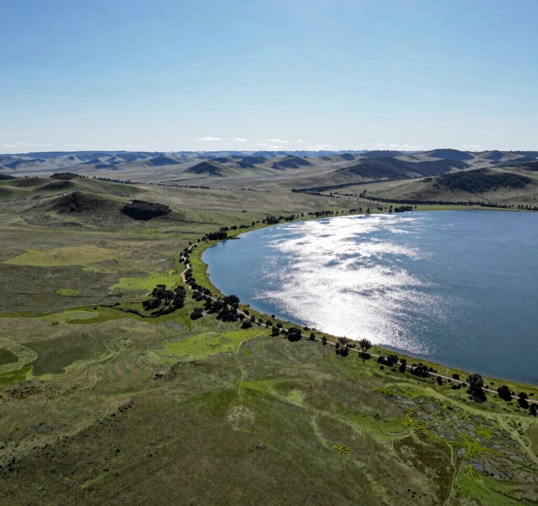 A breathtaking aerial landscape photograph of the Formosa-GO region, showcasing the lush green plains and the sparkling blue water of the nearby lake under a bright South American sun. The image conveys a sense of space and potential.