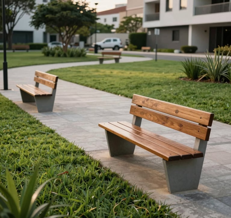 Photography of a peaceful, modern park area within a residential development in Brazil. It features high-quality wooden benches, manicured green lawns, and a safe environment for leisure, captured in soft morning light.