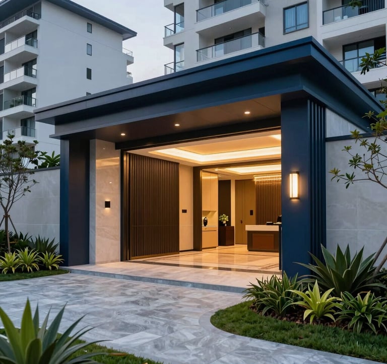 Photography of a modern and luxurious clubhouse entrance in a Brazilian residential area. The design features clean lines, dark blue accents, and warm lighting. In the foreground, there are green landscaped gardens and a clear, inviting pathway.