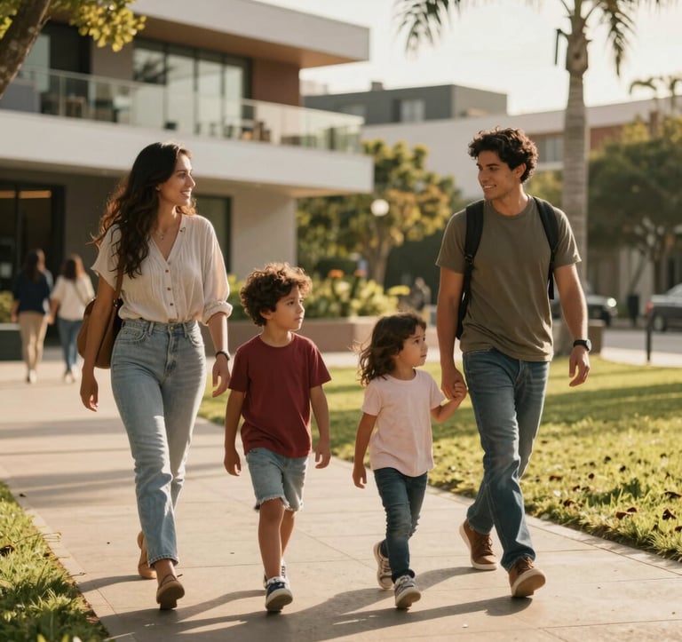 A candid photography of a young South American family walking through a modern park, dressed in casual elegant attire. The lighting is warm and golden, highlighting a lifestyle of leisure, safety, and community in a premium residential setting.