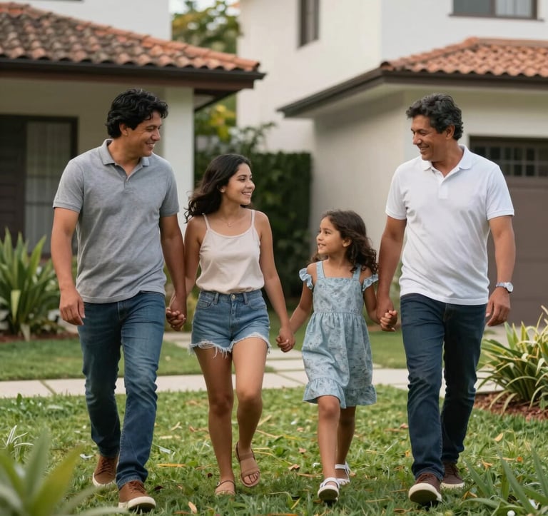 Photography of a happy South American Brazilian family walking together through a beautifully landscaped residential garden. They are smiling and interacting, reflecting a high quality of life. The background shows modern house facades.