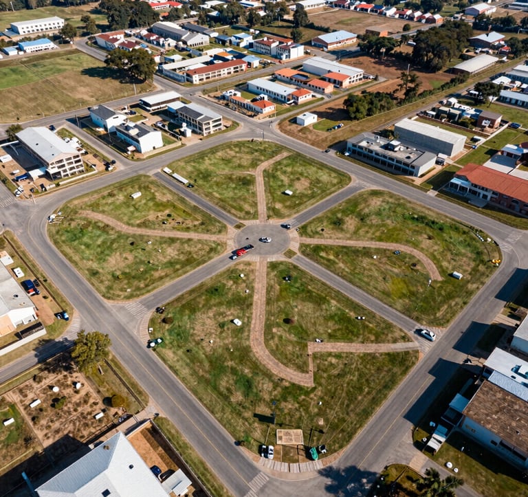 Professional aerial photography showing the organized layout of a new residential development in Formosa, GO. Clean paved roads and demarcated green lots are visible under a bright South American sun, highlighting the potential for future construction.