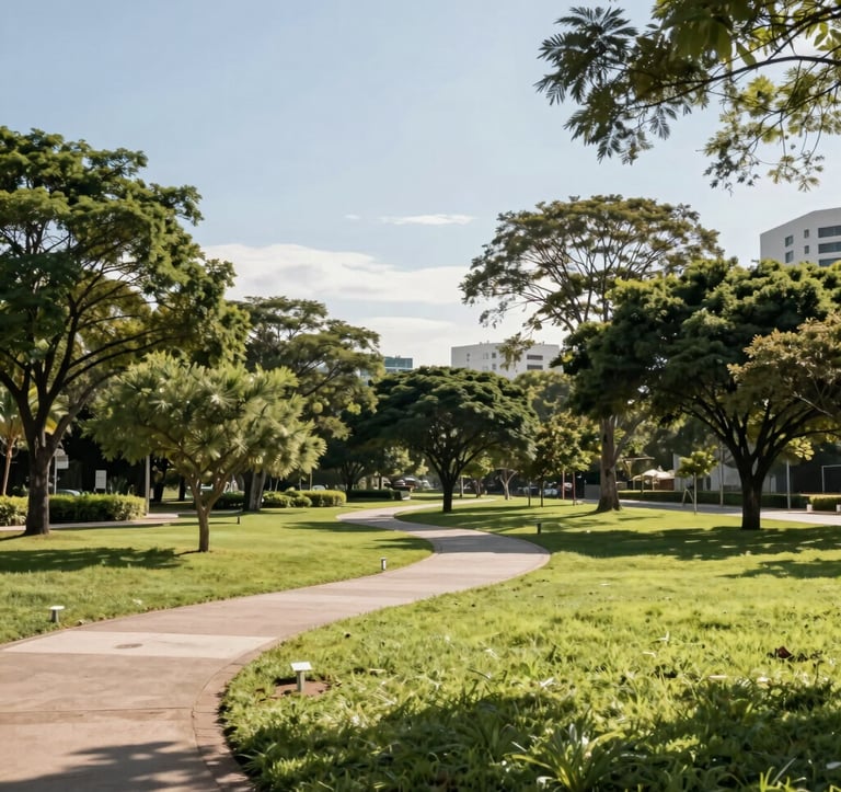 Photography of a sprawling green park area within a high-end Brazilian residential development. A clean pathway winds through native trees and manicured lawns under a bright, sunny sky. The scene conveys a sense of health and connection with nature.