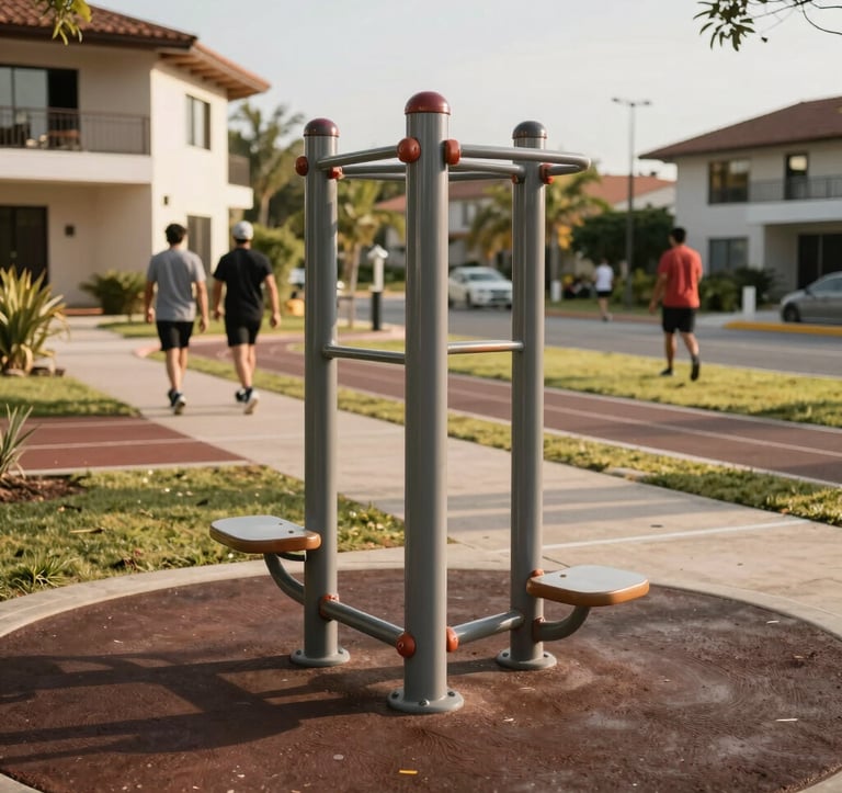 Photography of a modern outdoor fitness station and jogging track in a South American gated community. People in athletic attire are walking in the distance. The lighting is bright and warm, highlighting the premium environment.
