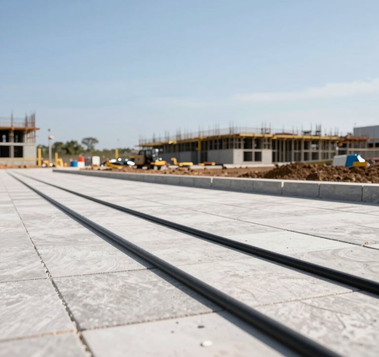 Clean, crisp photography of modern infrastructure being built in a South American residential development. Focused shot of high-quality paving and utility lines against a bright, clear sky, symbolizing growth and professional engineering.