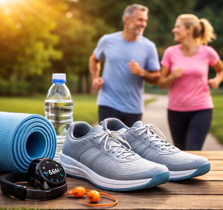Running gear with sneakers and fitness tracker on a bench with a senior couple jogging in the park.