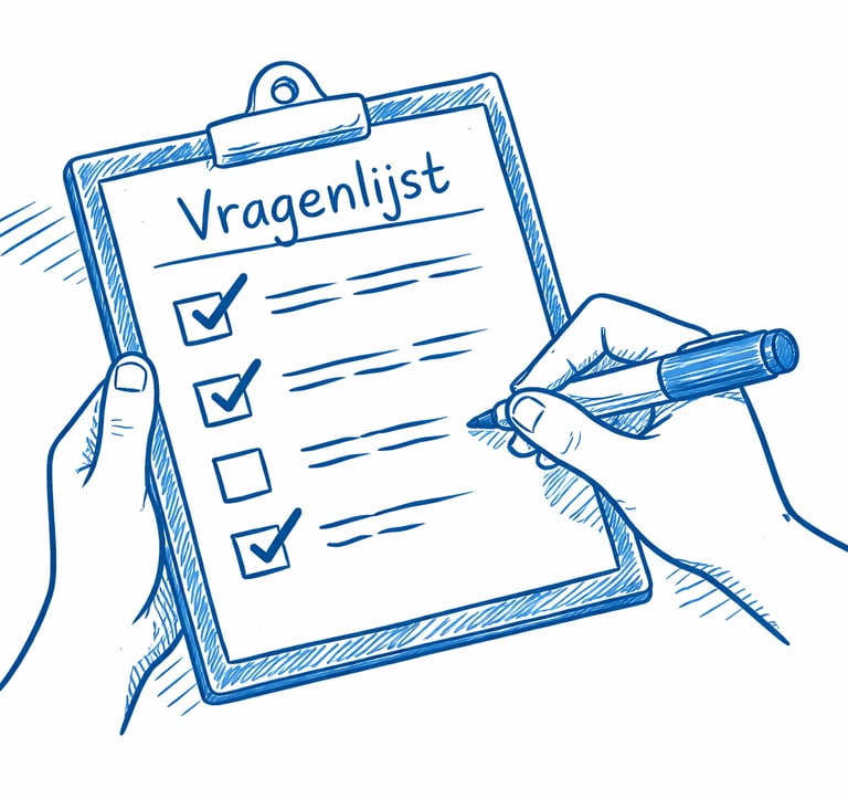 tekening, whiteboard stijl, iemand die een vragenlijst invult