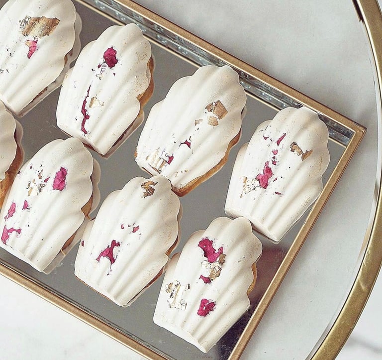a tray of cookies with white frosting and pink flowers