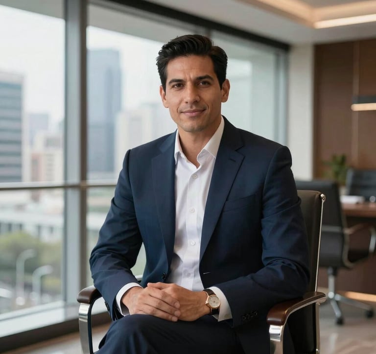 A professional real estate consultant in a tailored suit sitting in a modern, luxury office with glass walls. The background shows a blurry upscale cityscape. Latin American context. The atmosphere is professional, elegant, and trustworthy.