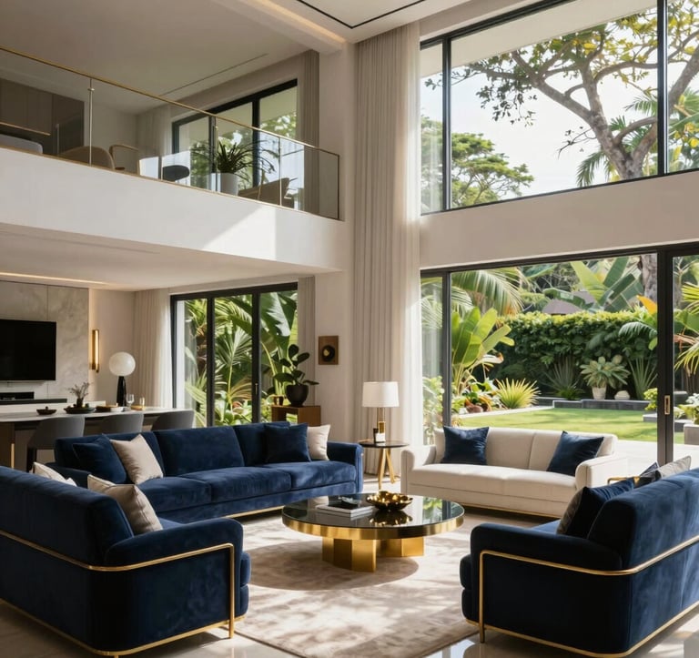 An interior shot of a sophisticated living room in a luxury home. High ceilings, minimalist furniture with navy and gold accents, large windows overlooking a lush Latin American garden. Soft, natural sunlight fills the space.