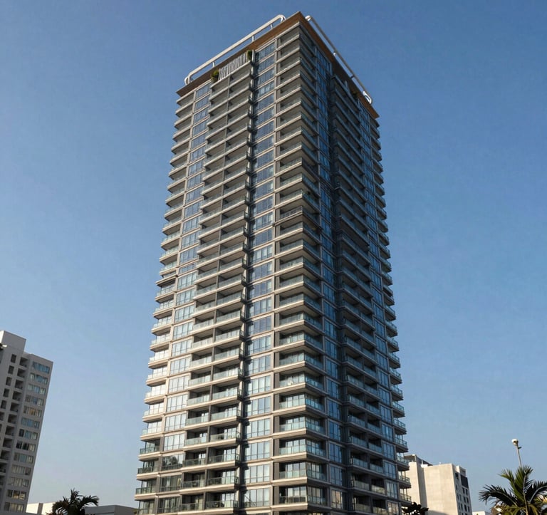 A professional architectural photograph of a high-rise luxury apartment building in a major Latin American business district. The shot is taken during the day under a clear blue sky, showing a sophisticated glass and steel structure with elegant balcony landscaping.