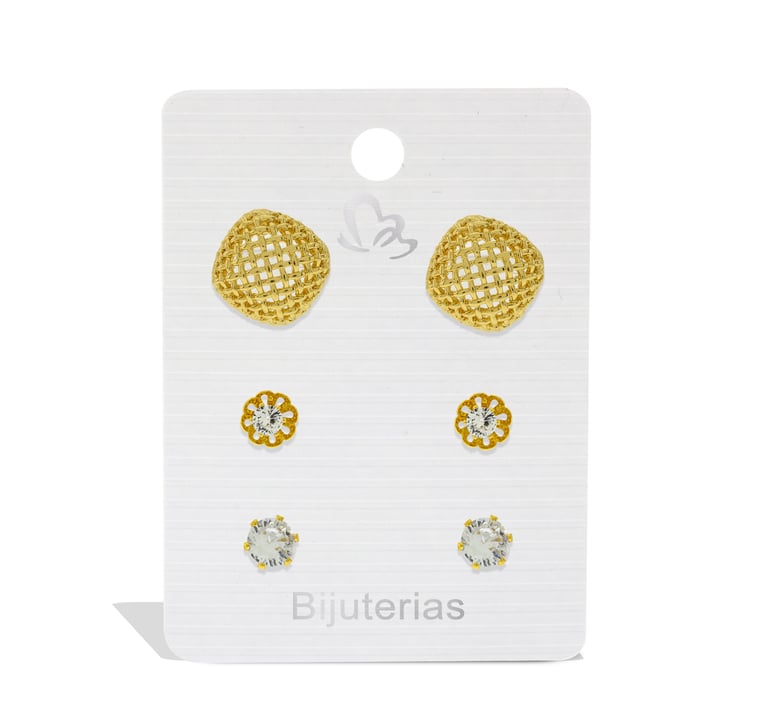 Three pairs of gold stud earrings with textured mesh and crystal accents on a white display card.