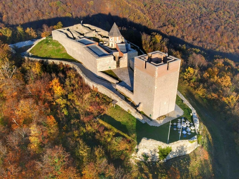 Medvednica mountain with panoramic view of Zagreb cityscape from old castle on the hill.