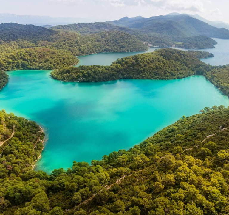 View of Mljet National Park's pristine lakes surrounded by dense forests.