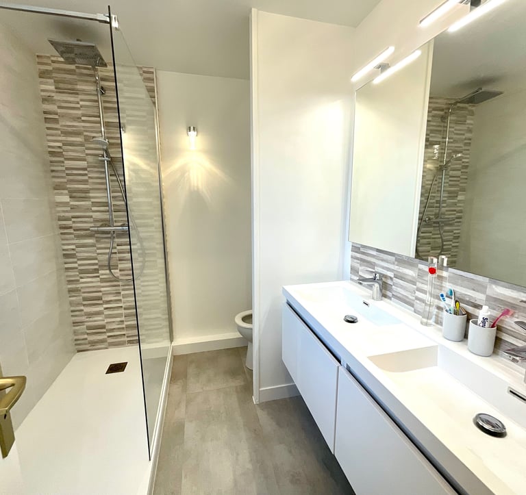 Rénovation salle de bain Serris (77) carrelage, faïence, double vasque, miroir, douche, WC, colonne 