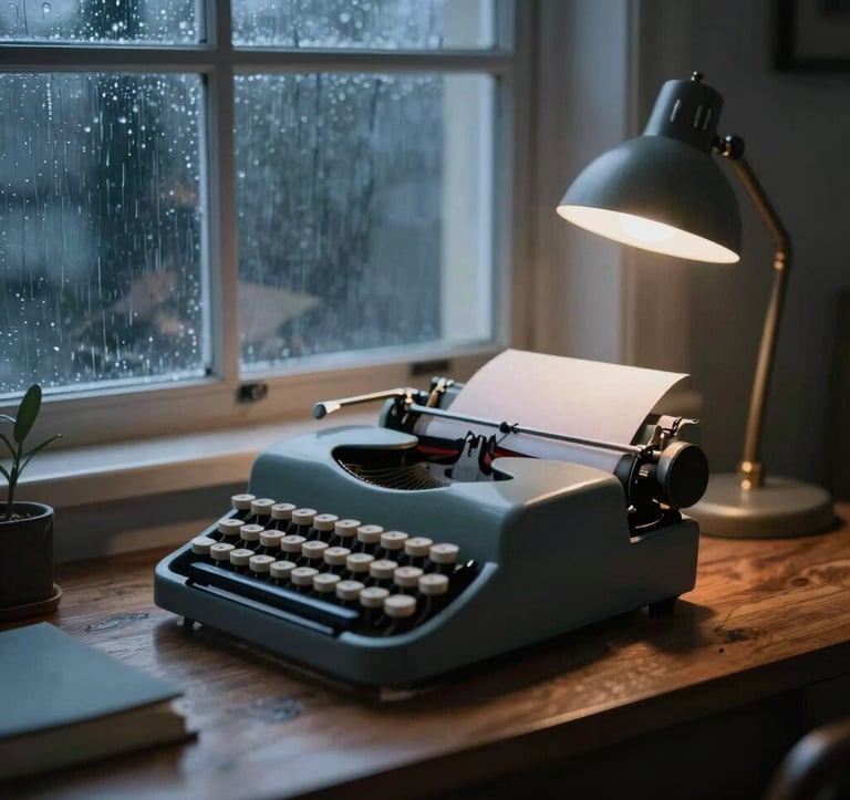 A moody, atmospheric shot of a typewriter on a wooden desk by a window during a rainstorm. The soft blue light of the storm contrasts with a warm desk lamp. Elegant and dramatic composition using #4A5F5C and #8FA39F.