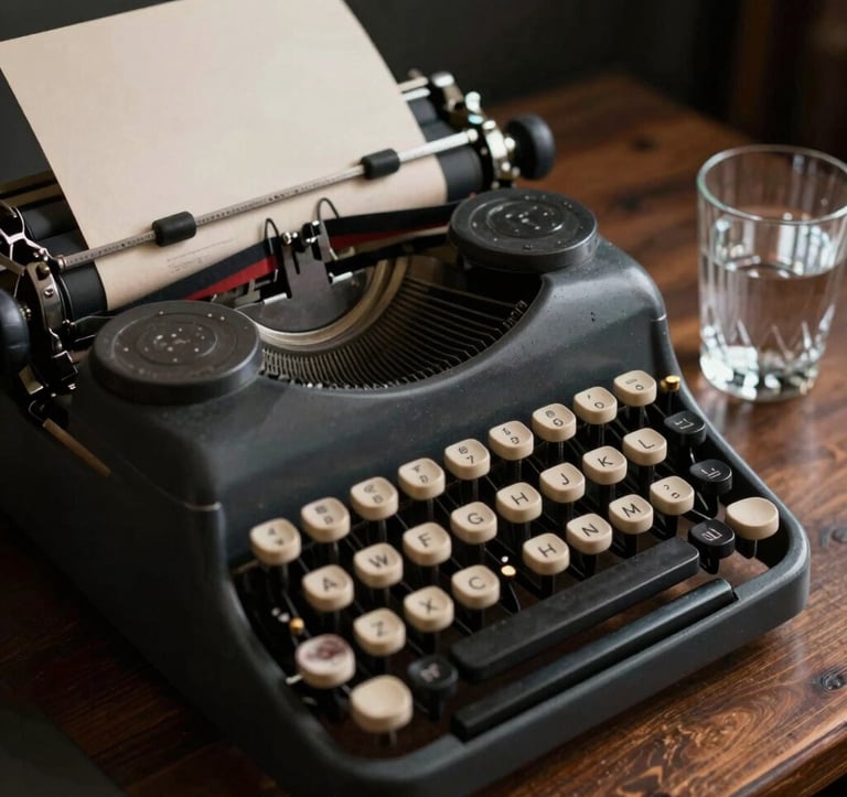 A detailed close-up of a vintage black typewriter on a heavy wooden desk. A single sheet of cream paper is half-typed. Beside it sits a crystal glass of water. The mood is high-drama and focused. Deep tones of #1C2826 dominate with #E8E8E4 paper contrast.