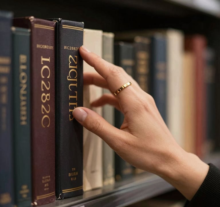 A refined close-up of a woman's hand with a gold ring reaching for a specific book on a crowded shelf. The spine of the book features elegant gold foil lettering. Dramatic lighting, palette #1C2826, #E8E8E4.
