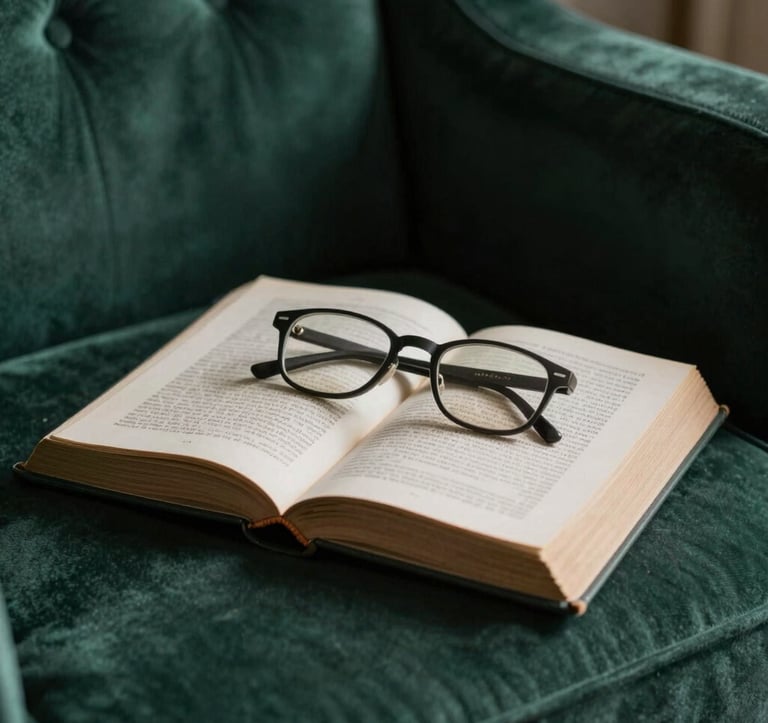 A close-up of an open, weathered book resting on a dark emerald velvet armchair. A pair of reading glasses lies across the pages. Soft, dramatic side-lighting creates deep shadows, evoking a sense of quiet study. Palette: #1C2826, #4A5F5C, and #E8E8E4.