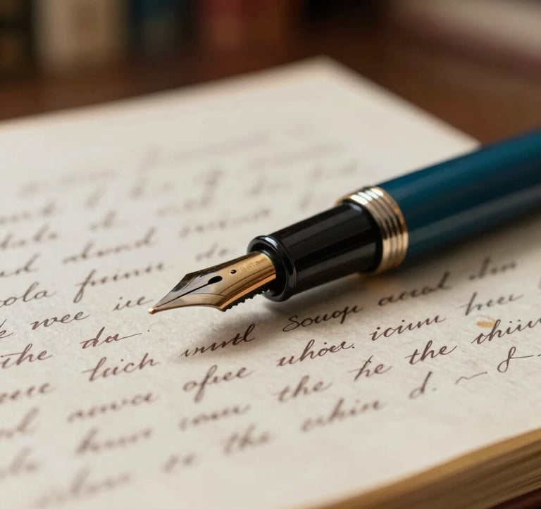 A macro photograph of an antique fountain pen resting on a handwritten manuscript. The paper is slightly yellowed with age. The ink is a deep teal #4A5F5C. Soft focus on the background showing blurred library shelves. Dramatic side lighting creating long shadows.