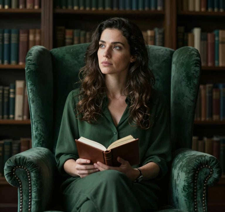 A moody portrait of a female author sitting in a winged armchair in a library. She is looking thoughtfully into the distance, holding a small leather notebook. The lighting is chiaroscuro style, with deep greens #1C2826 and soft highlights #E8E8E4.