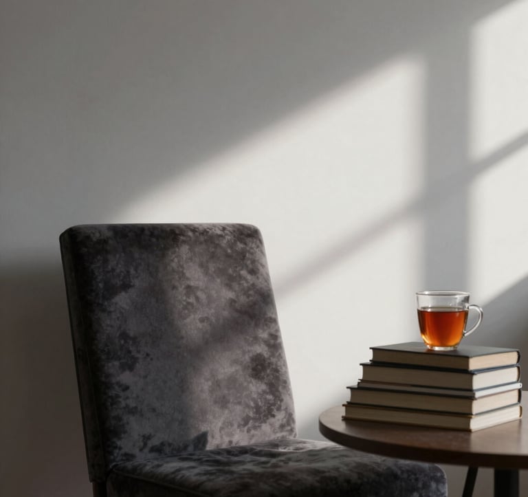 A quiet, moody library corner with a single high-back velvet chair. A stack of books sits on a side table next to a cooling cup of tea. Shadows play across the walls. Colors: #4A5F5C, #1C2826.