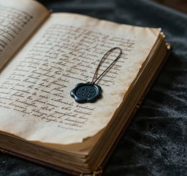Close-up of an old, heavy manuscript with handwritten ink script and a wax seal, lying on a dark velvet cloth. The lighting is low and moody, focusing on the texture of the parchment. Colors: #1C2826 and #8FA39F.