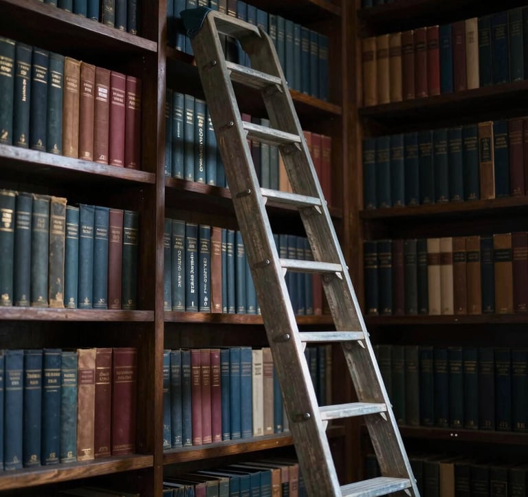 A dramatic, vertical shot of a rolling library ladder leaning against towering bookshelves filled with old, colorful spines. The lighting is moody, with a single beam of light highlighting the texture of the aged paper and gold-leaf lettering. Colors include rich #4A5F5C and deep #1C2826.
