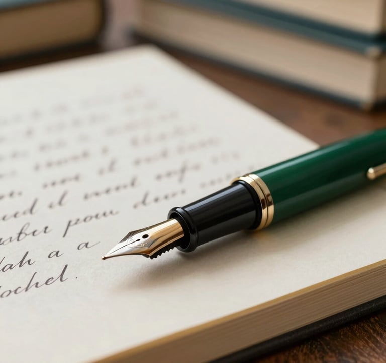 A close-up of a vintage fountain pen resting on a handwritten manuscript. The paper is thick and cream-colored, and the ink is a deep dark green. Background shows blurred rows of books. Colors: #1C2826, #E8E8E4.