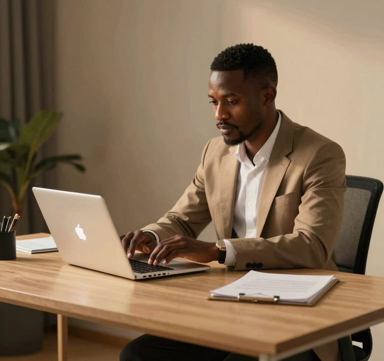 A focused professional from Afrique Centrale / Congo working on a high-end laptop in a minimalist office. Warm gold lighting highlights the elegant desk setup. Professional and sophisticated mood.