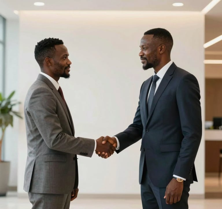 Two business partners in Afrique Centrale / Congolais formal attire shaking hands in a bright, modern lobby with white walls and soft gold lighting. Symbolizing trust and professional partnership.
