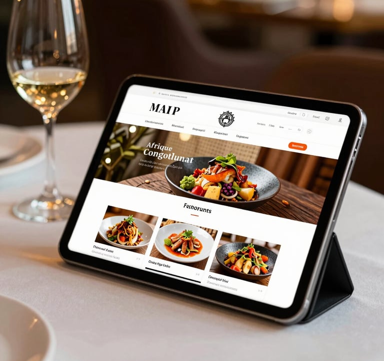 A close-up photograph of a tablet displaying a vibrant gourmet restaurant website, placed on a white tablecloth next to a glass of wine in a refined Afrique Centrale / Congolais dining setting. Warm gold lighting, shallow depth of field.