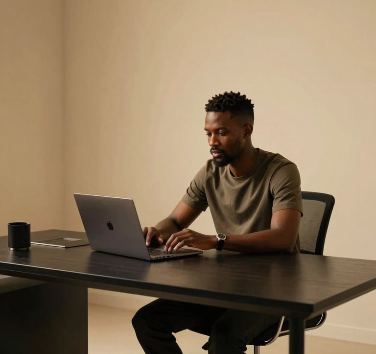 A professional Afrique Centrale / Congolais designer working in a sleek, minimalist studio in Brazzaville. Warm gold lighting on a high-end black desk with a laptop. Sophisticated and modern atmosphere.