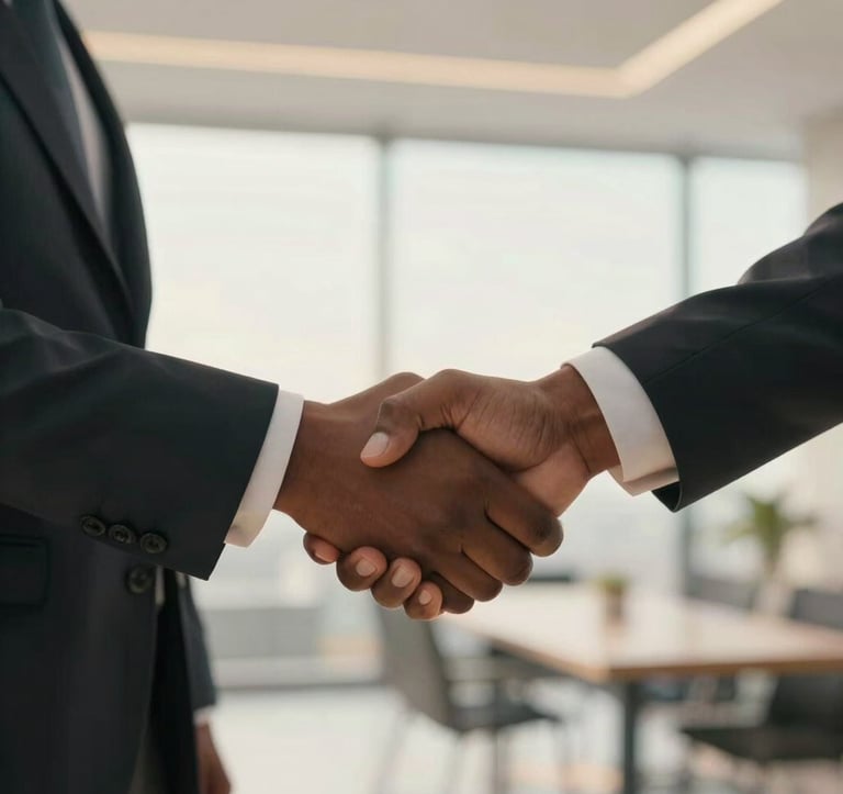 An elegant close-up of two professionals shaking hands in a bright, modern corporate setting in Brazzaville. Warm natural light, subtle gold reflections, Afrique Centrale / Congolais setting, professional business attire.
