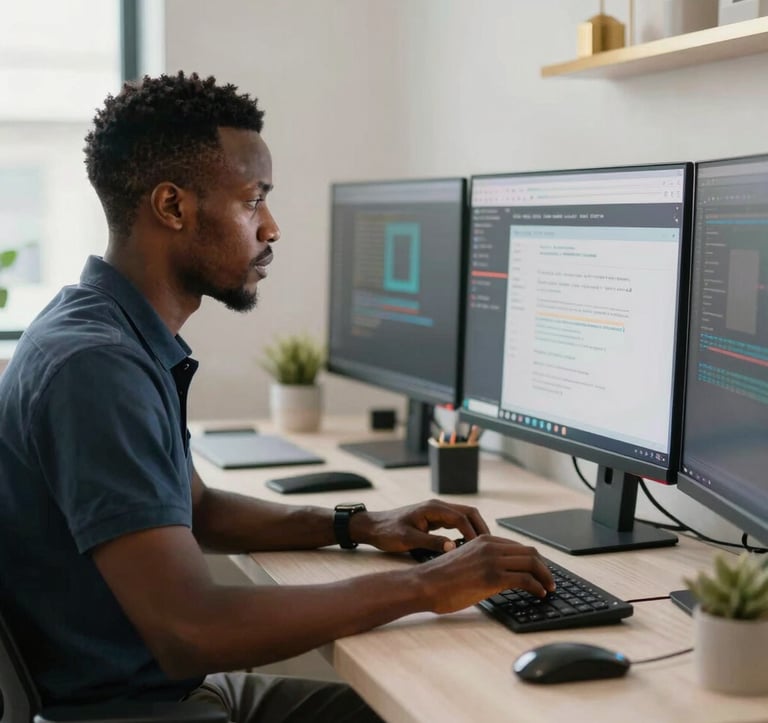 A focused Afrique Centrale / Congolais professional web developer working on a dual-monitor setup in a clean, modern office in Brazzaville. Soft natural light, gold accent decor in the background, professional depth of field.