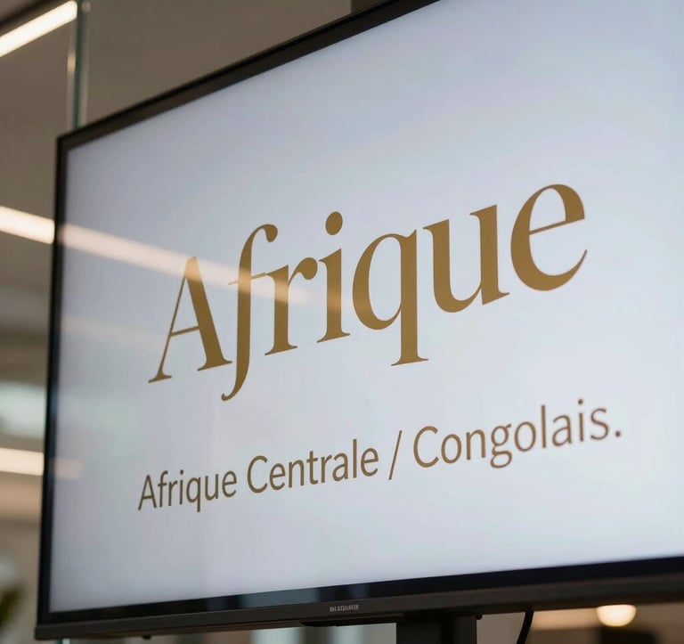 Close-up of a high-resolution screen showing elegant typography and gold elements, reflected in a polished glass surface within a modern Afrique Centrale / Congolais business hub.