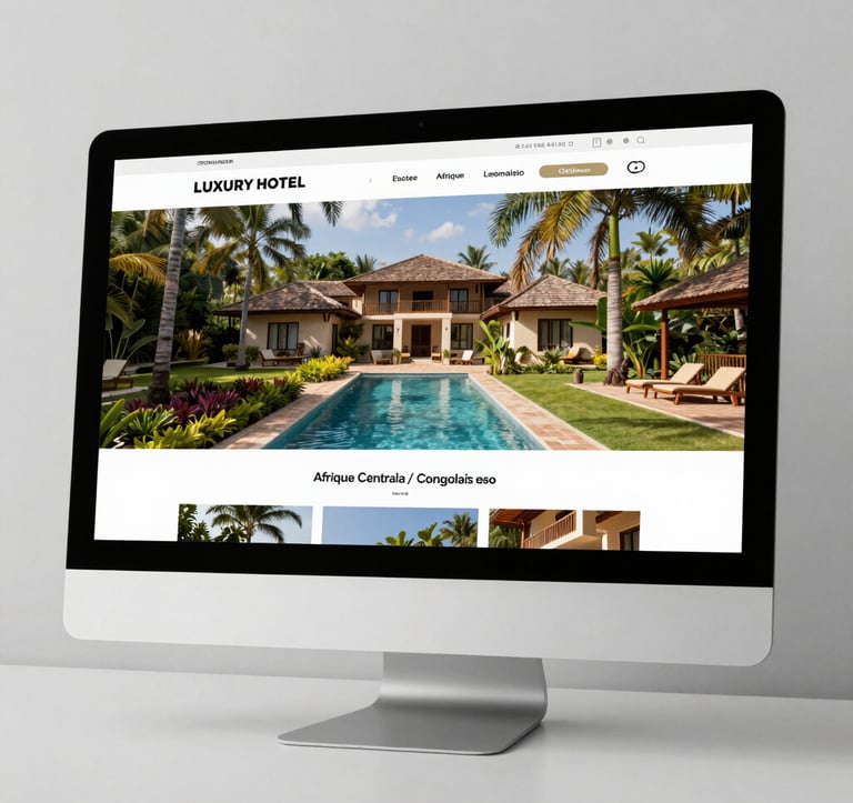 A luxury hotel website displayed on a sleek desktop monitor in a minimalist studio. The website shows high-resolution photos of a beautiful Afrique Centrale / Congolais resort. Lighting is soft and professional.