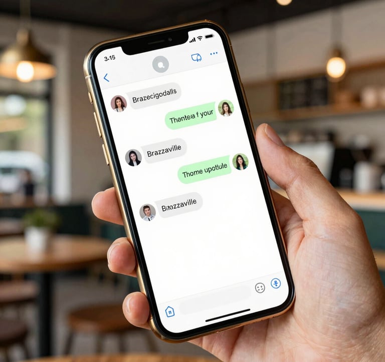 A close-up of a hand holding a high-end smartphone showing a messaging interface, with a blurred background of a trendy café in Brazzaville. Luxury feel, soft lighting, gold accents on the phone case.