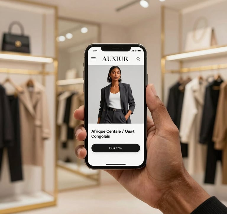 A stylish smartphone showing a luxury e-commerce clothing app, held by a professional in a modern Afrique Centrale / Congolais fashion boutique. Background features elegant gold accents and designer wear.