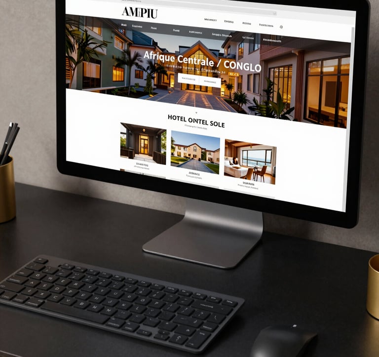 A close-up of a high-end web design workstation in a Afrique Centrale / Congolais setting. Deep black desk, gold accents, and a wide screen showing a professional and elegant hotel website layout.