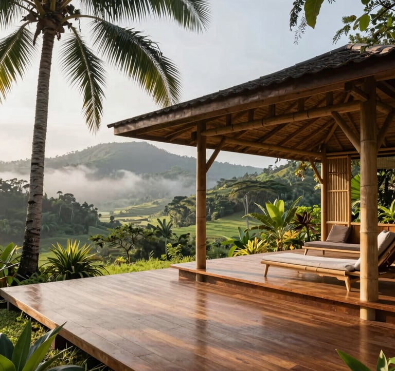 An open-air wellness pavilion with polished wooden flooring, nestled in a lush green valley in Quezon Province. Sunlight gently filters through coconut palms and organic greenery. A clean, modern aesthetic combined with traditional bamboo structures, overlooking the serene and misty Mount Banahaw foothills.
