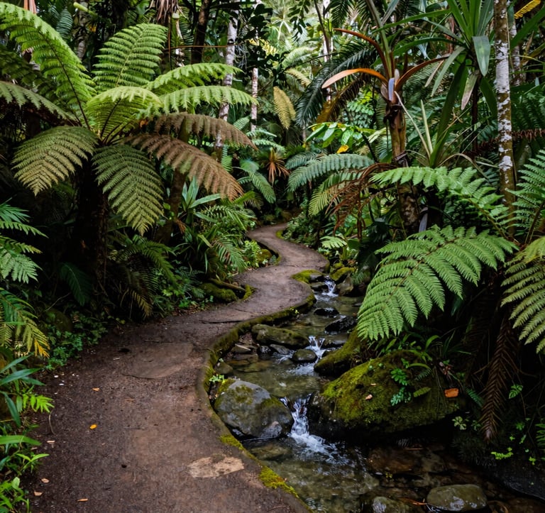 A winding nature trail carved gently through a dense, tropical forest in Quezon Province. Vibrant ferns, tall native trees, and clear natural spring water trickling over smooth mossy stones. The lighting is soft and dappled, evoking peaceful relaxation and an authentic connection with the lush, serene environment.