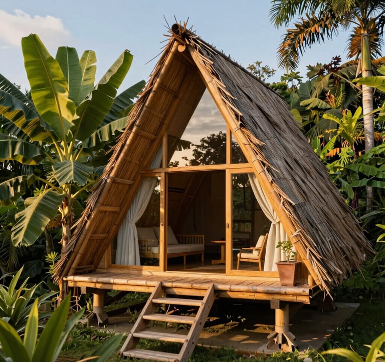 A rustic modern glass-and-bamboo cottage cabin at Kahuni Lucban, beautifully integrated into native tropical foliage and banana plants under soft golden afternoon sunlight in Lucban, Quezon Province.