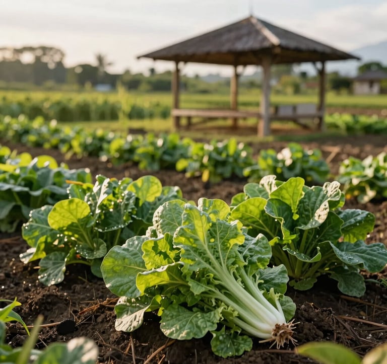 A beautiful real-world photograph of an organic farming plot at Kahuni Lucban in Quezon Province, featuring fresh local crops, vibrant green foliage, and a rustic wooden gazebo in the background under warm afternoon sunlight, showcasing Southeast Asian Filipino farming.