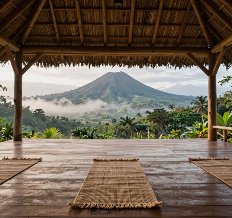 A serene yoga and meditation space under an open-air pavilion with a thatched bamboo roof in Lucban, Quezon Province. Smooth wooden floors hold natural fiber woven mats, overlooking a lush volcanic mountain valley blanketed in misty morning light with organic green tones.