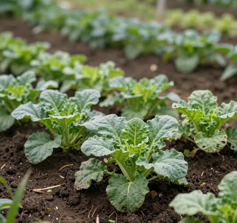 Close-up photo of hand-crafted agricultural organic farming beds with heirloom local vegetables, soft morning light in Lucban, Quezon Province, Southeast Asian farm, lush foliage and rich dark soil.