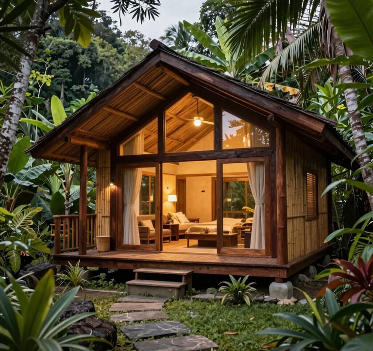 An inviting, modern rustic cabin built with natural bamboo and premium dark timber, nestled within tropical foliage in Quezon Province. Cozy warm interior lights glow softly from the wide glass windows. The surrounding garden features stone pathways and lush native plants, capturing Southeast Asian warmth and a serene, premium sanctuary feel.